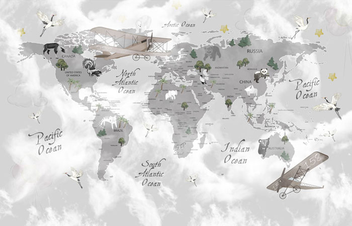 پوستر دیواری گرافیکی از نقشه کشورهای جهان ، هواپیمای قدیمی و حیوانات هر منطقه