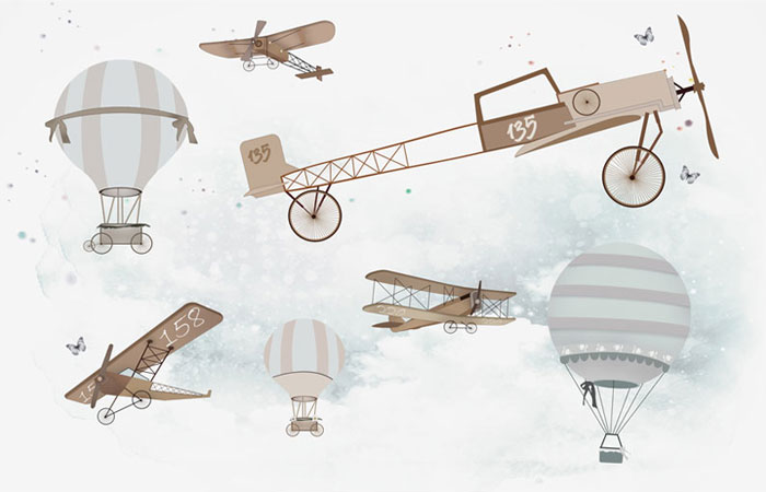 پوستر دیواری کودکانه با طرح شکل های مختلف هواپیمای قدیمی ، بالون و ...