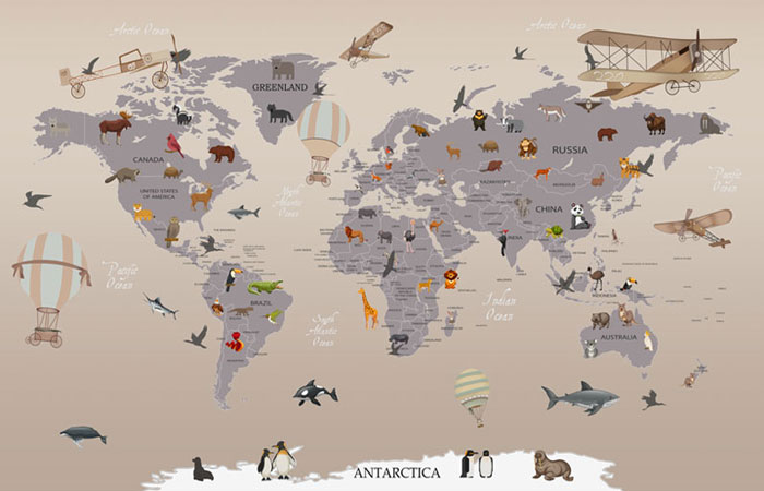 پوستر دیواری کودکانه با طرح نقشه جهان ، حیوانات هر منقطه و هواپیمای قدیمی