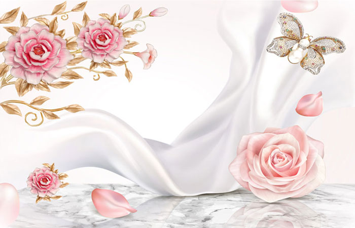 پوستر دیواری با طرح پس زمینه حریر سه بعدی و گلهای رز صورتی ، گل و بوته و پروانه