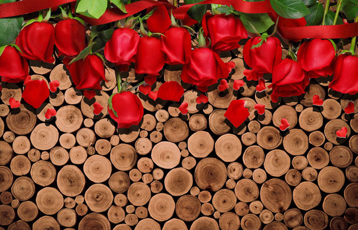 پوستر دیواری عاشقانه با طرح پس زمینه الوار چوب و گلهای رز قرمز در بالا