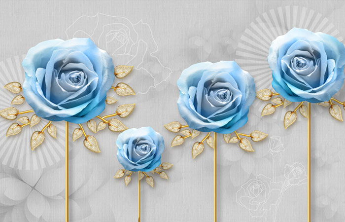 پوستر دیواری سه بعدی با طرح ساقه و گلهای رز آبی با برگ های طلایی