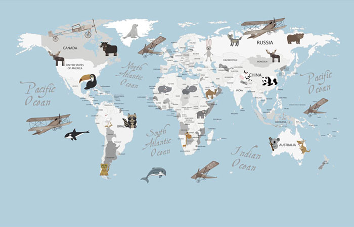 پوستر دیواری با طرح مینیمال و کودکانه از نقشه کشورهای جهان و حیوانات مختلف و هواپیمای قدیمی