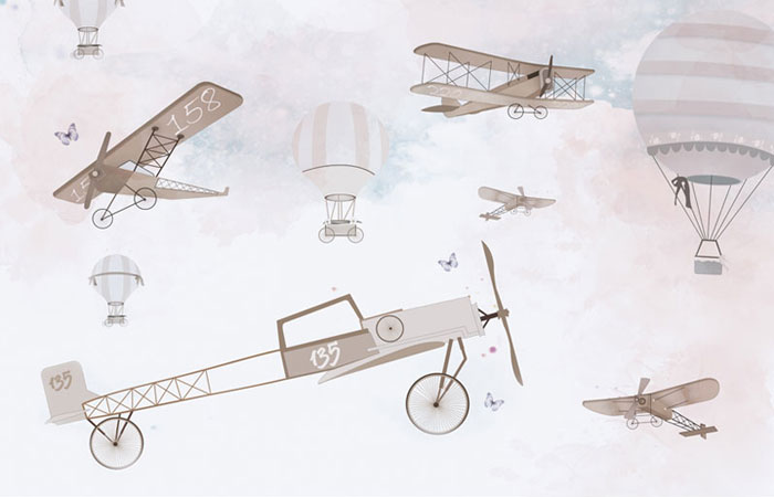 پوستر دیواری با طرح کودکانه از بالوها و هواپیماهای قدیمی