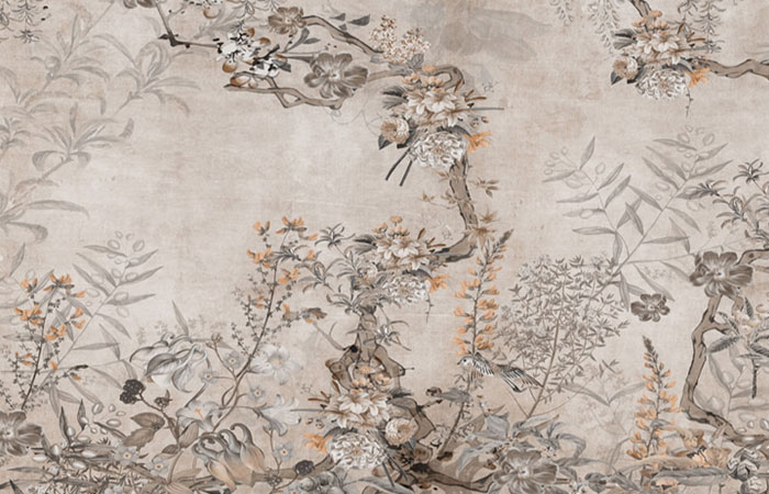 پوستر دیواری با طرح گرافیکی مینیمال از درخت و شاخه ، پرنده و گل با تم قهوه ای