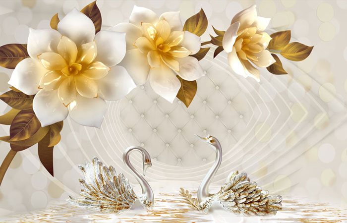 پوستر دیواری با طرح گلهای سه بعدی کریستالی و برگهای قهوه ای ، قو و آب و پس زمینه مبل