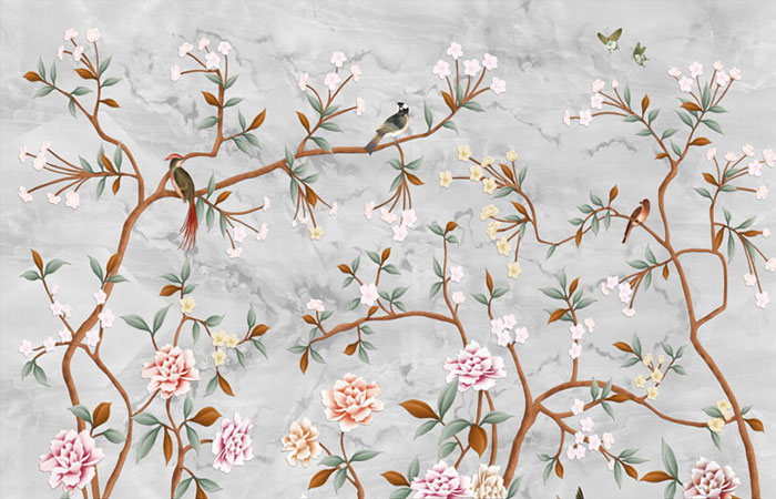 پوستر دیواری با طرح مینیمال و گرافیکی از شاخه درخت و شکوفه های بهاری و پس زمینه ماربل
