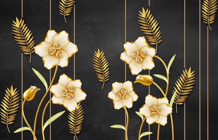پوستر دیواری با طرح پس زمینه سیاه و گلهای طلایی با ساقه و برگهای طلایی