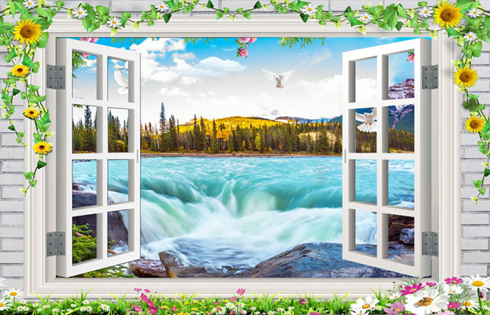پوستر دیواری با طرح پنجره رو به دریا و حاشیه با گلهای آویزی سبز