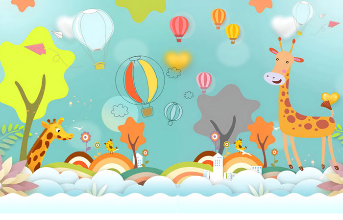 پوستر دیواری با طرح گرافیکی از حیوانات جنگل ، زرافه ، ابر ، بالون و درخت