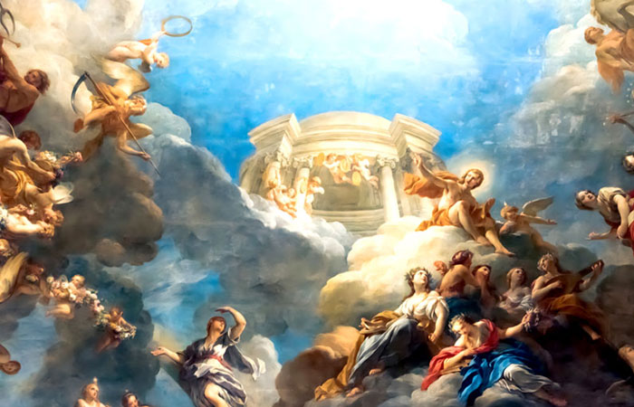 پوستر دیواری با طرح نقاشی قدیمی کلاسیک فرشته ها در آسمان