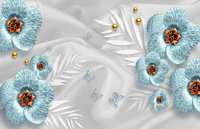 پوستر دیورای با طرح پس زمینه حریر و گلهای لوکس آبی و پروانه و برگ سفید