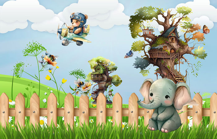 پوستر دیواری اتاق کودک با طرح نرده چوبی در چمنزار ، کلبه درختی، فیل و خرس در حال پرواز با هواپیما