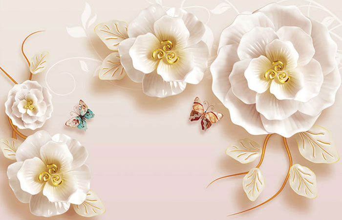 پوستر دیواری با طرح گل های لوکس کریستالی سفید و برگ و پروانه