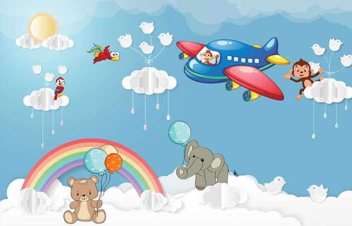 پوستر دیواری کودکانه با طرح ابرهای گرافیکی ، خرس ، فیل ، هواپیما ، میمون و پرنده