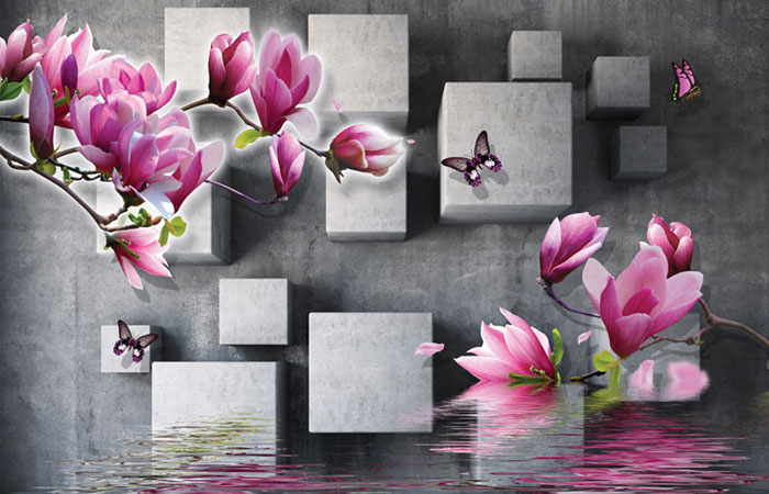 پوستر دیواری سه بعدی با طرح مکعب های سه بعدی ، آب و گل و شکوفه های صورتی