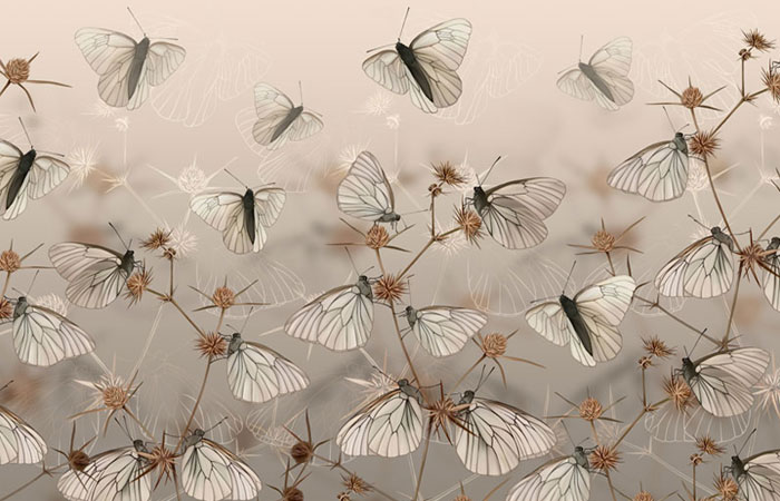 پوستر دیواری سه بعدی با طرح شاخه های علفی و پروانه ها با تم قهوه ای