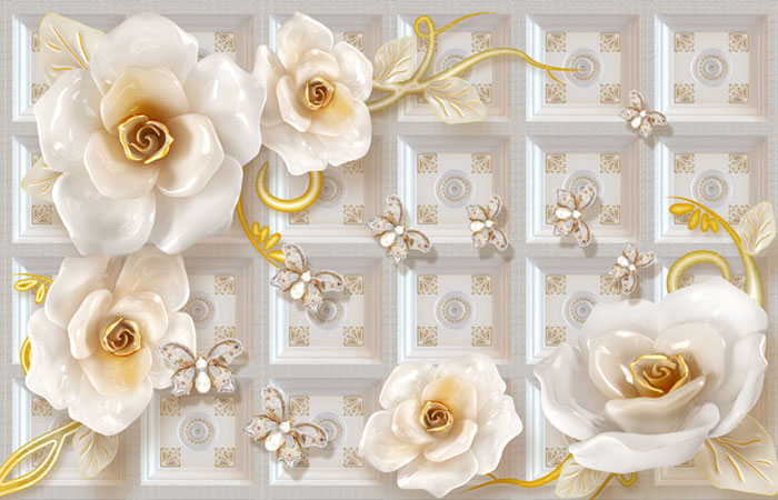 پوستر دیواری با طرح پس زمینه کاشیکاری و گلهای سه بعدی طلایی و گل و بوته و پروانه