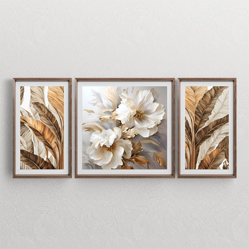 ست سه تابلوی دکوراتیو نقاشی دیجیتال با طرح مربعی گلهای سفید با لبه های طلایی و تابلوی برگ قهوه ای