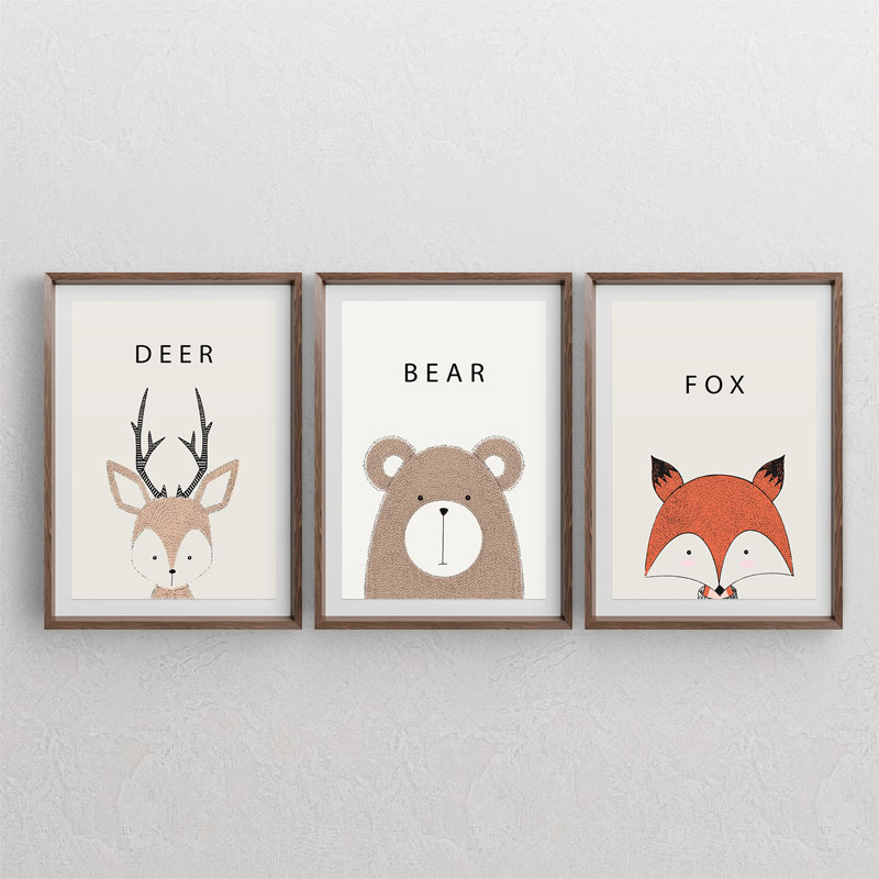 ست سه تابلوی مینیمال کودکانه با طرح های گوزن ، خرس و روباه