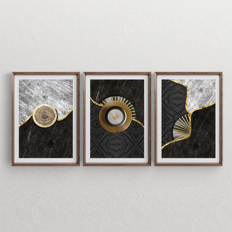 ست سه تابلوی دکوراتیو تصویرسازی با طرح های تنه چوبی و بافت چوب با افکتهای خورشیدی طلایی دایره ای