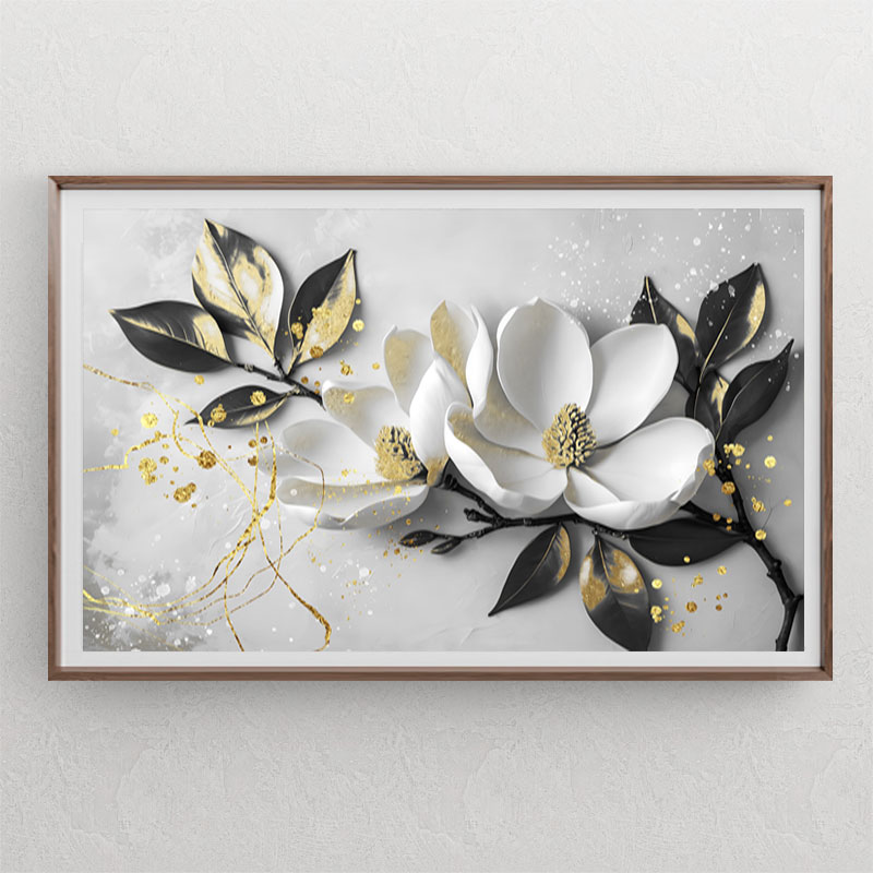 تابلوی دکوراتیو افقی سیاه و سفید از گل زیبای سه بعدی و برگ با افکت های طلایی
