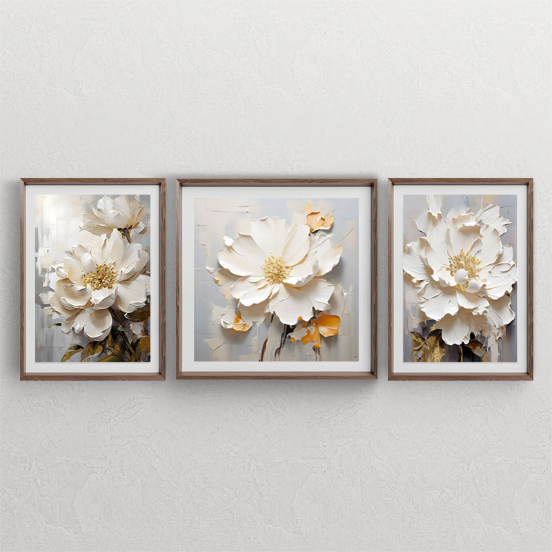 ست سه تابلوی ایلاستریتور با گلهای سفید گچبری شده زیبا