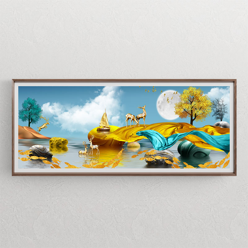 تابلوی دکوراتیو پانارومای افقی با طرح منظره و المانهای درخت ، گوزن طلایی ، دریا ، ماهی و سنگ