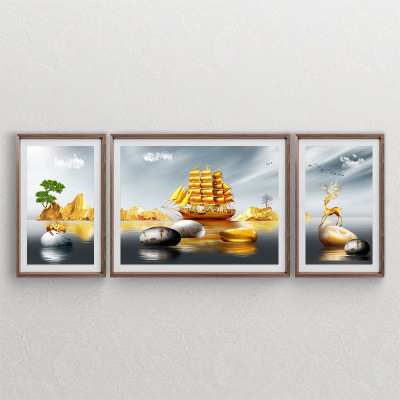 ست سه تابلوی دکوراتیو منظره با طرحهای کشتی بادبانی ، سنگ ، درخت و گوزن و دریا