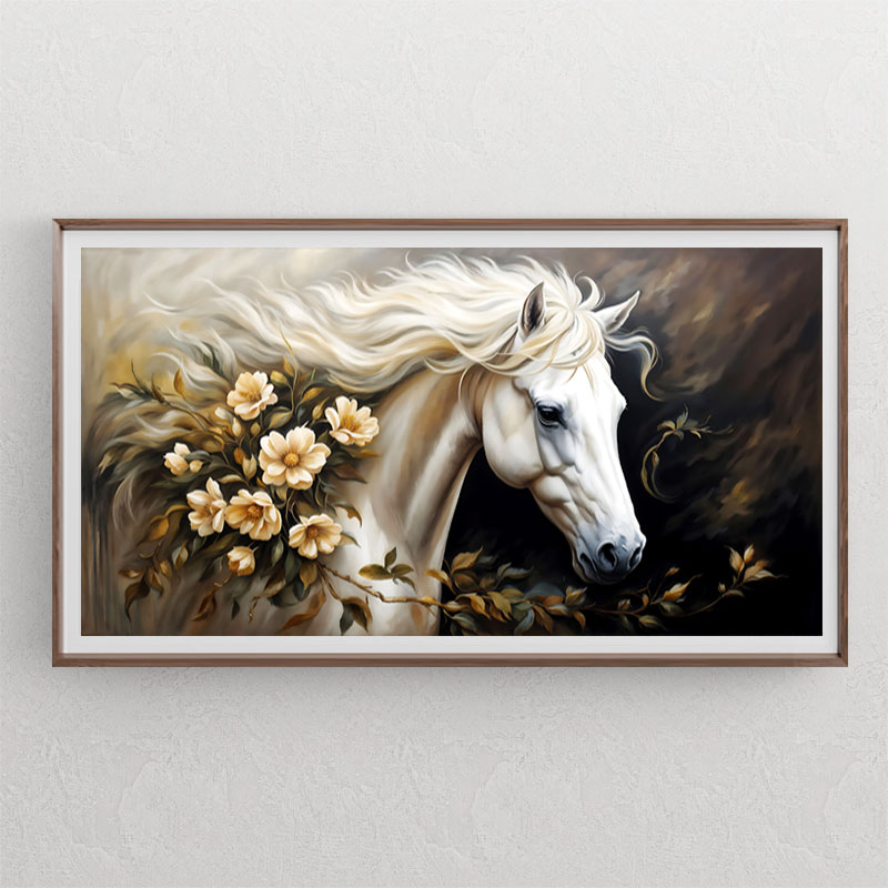 طرح گرافیکی نقاشی دیجیتال از اسب سفید زیبا با گلهای زیبا