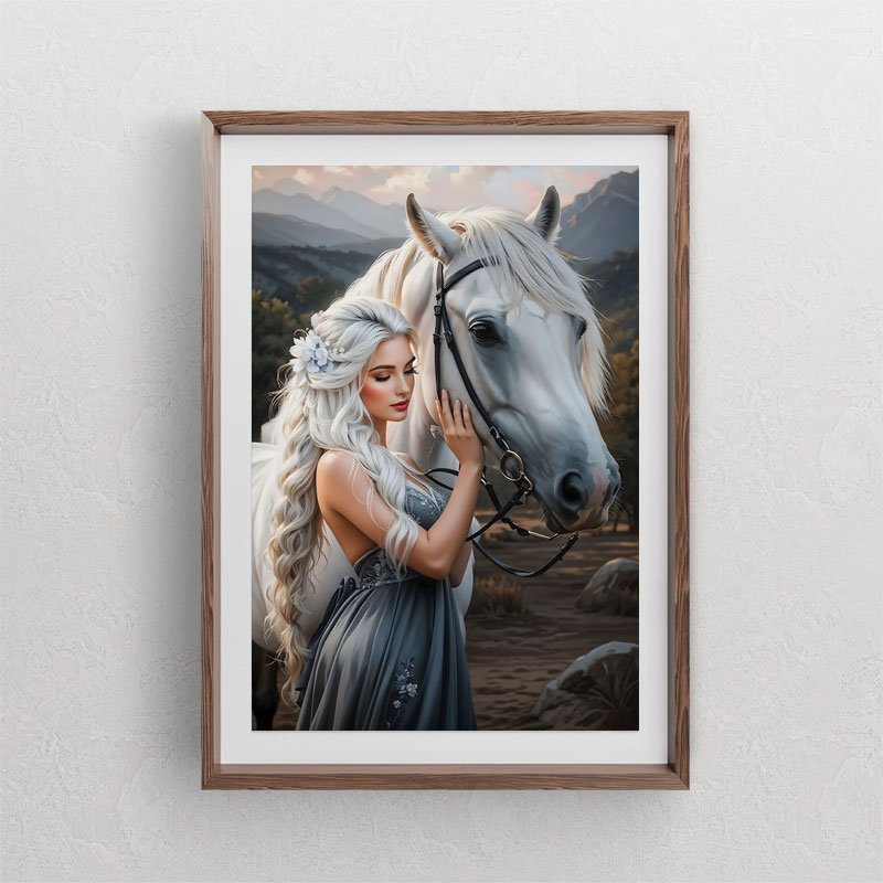 تابلوی دکوراتیو نقاشی دیجیتال از دختر ایستاده در کنار اسب
