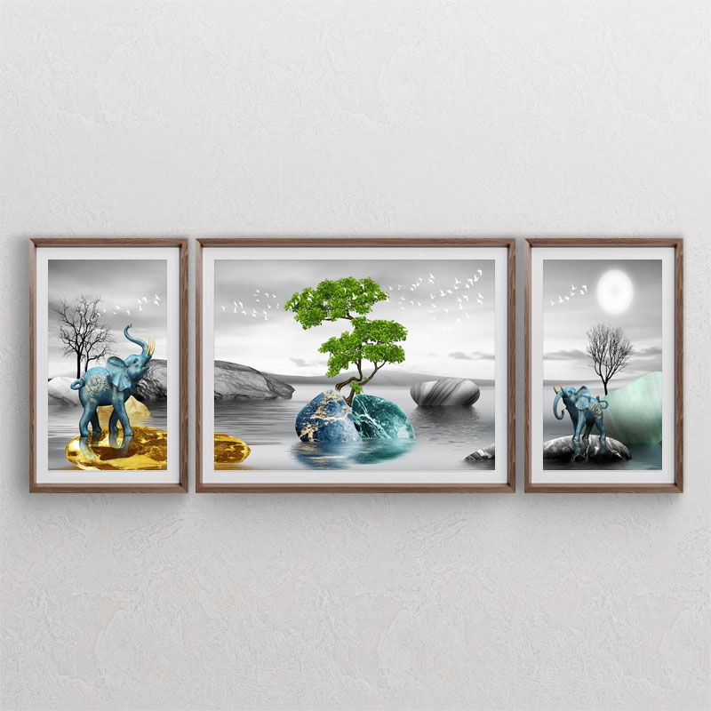 ست سه تابلوی دکوراتیو منظره با طرح های فیلهای آبی ، سنگ های رنگی ، درخت و دریا و آب