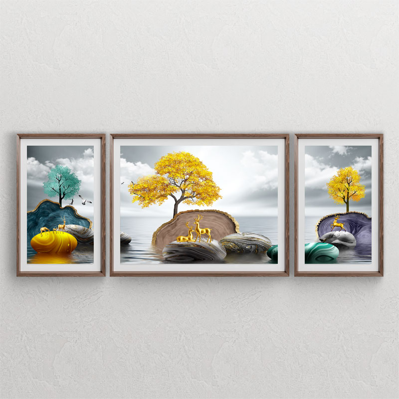 ست سه تابلوی دکوراتیو با طرح منظره و المانهای سنگ های رنگی ، درخت ، گوزن ، دریا و آب