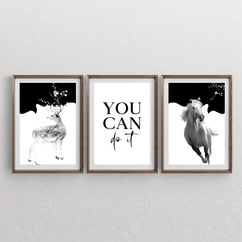 ست سه تابلوی دکوراتیو مدرن با طرح های گوزن ، اسب و شکوفه و نوشته YOU CAN DO IT