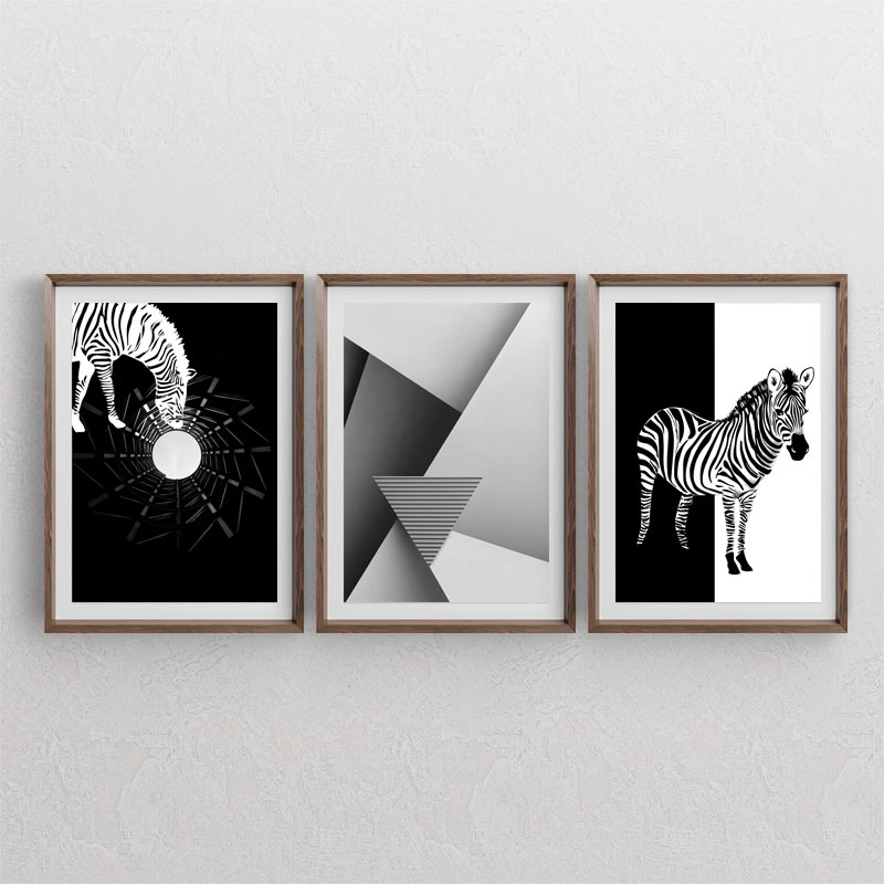 ست سه تابلوی دکوراتیو با طرح های گورخر سیاه و سفید و تابلوی مدرن با طرح کاغذی