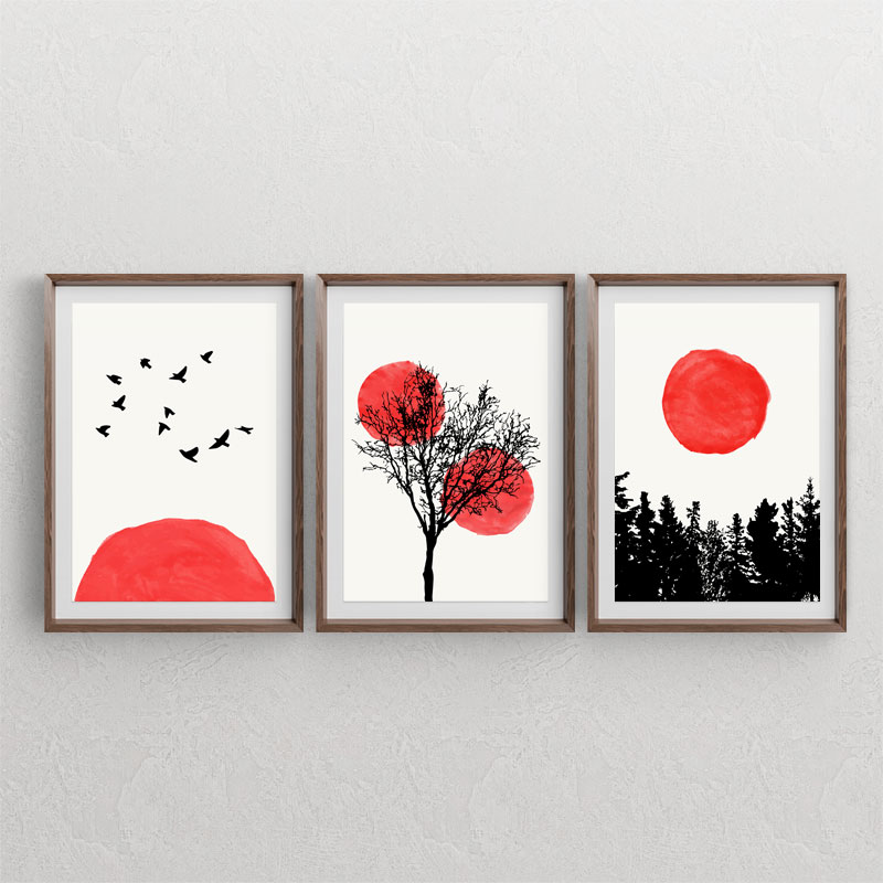 ست سه تابلوی مینیمال گرافیکی با طرح خورشید قرمز و درخت و جنگل سیاه
