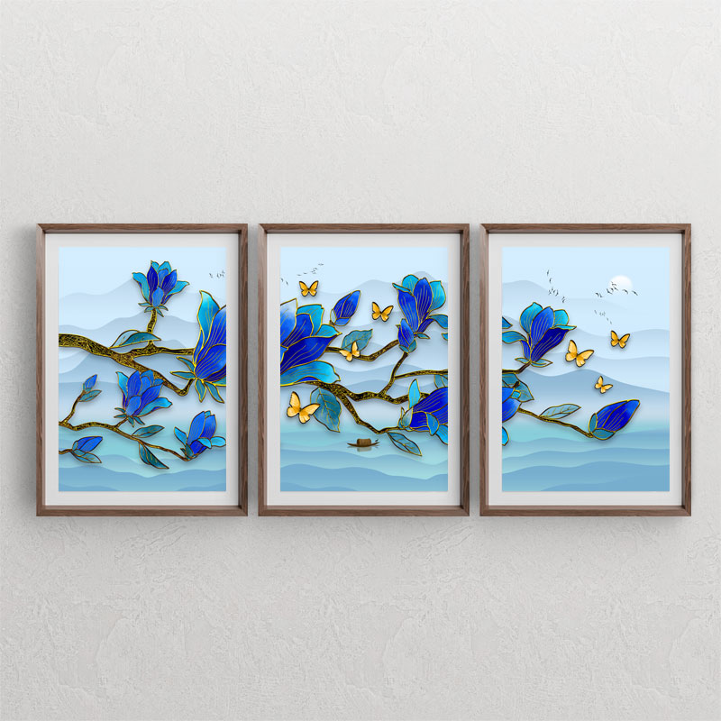 ست سه تابلوی دکوراتیو با طرح تصویرسازی لوکس از شاخه درخت با شکوفه و گلهای آبی و پروانه