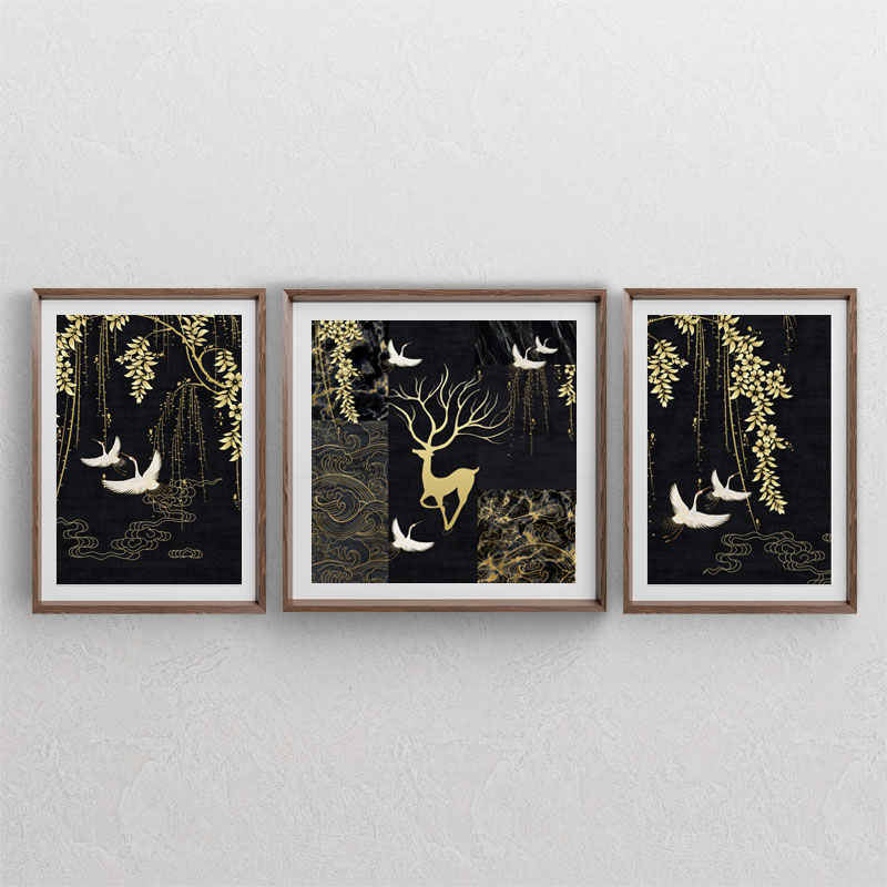 ست سه تابلوی دکوراتیو با تم سیاه و طرح های پرنده های چینی ، درخت طلایی ، گوزن و المان های آبسترکت