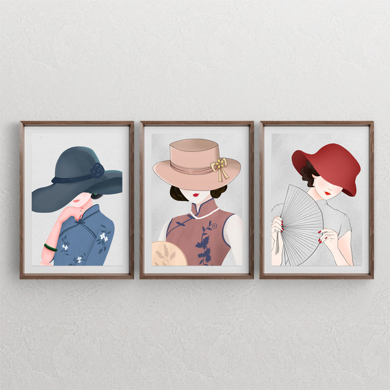 ست سه تابلوی دکوراتیو مینیمال با طرح دختر و زنان جوان با کلاه های روی صورت و بانوان چینی