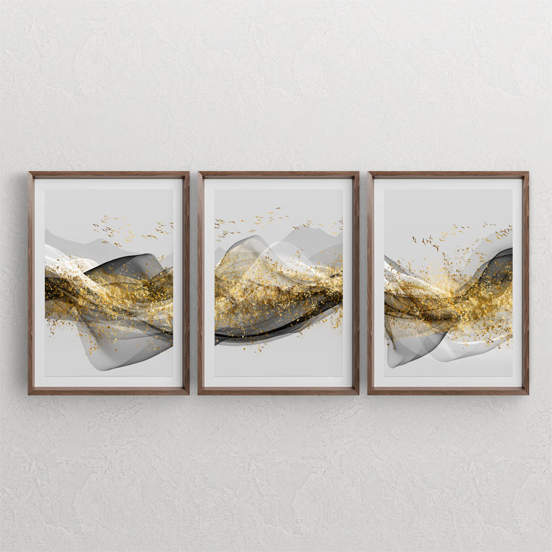 ست سه تابلوی دکوراتیو با طرح افکت های طلایی مواج و موجی و کوه و پرنده