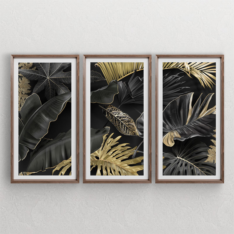 ست سه تابلوی دکوراتیو گرافیکی با طرح برگ های سیاه از برگ موز و برگ انجیری طلایی و برگهای طلایی