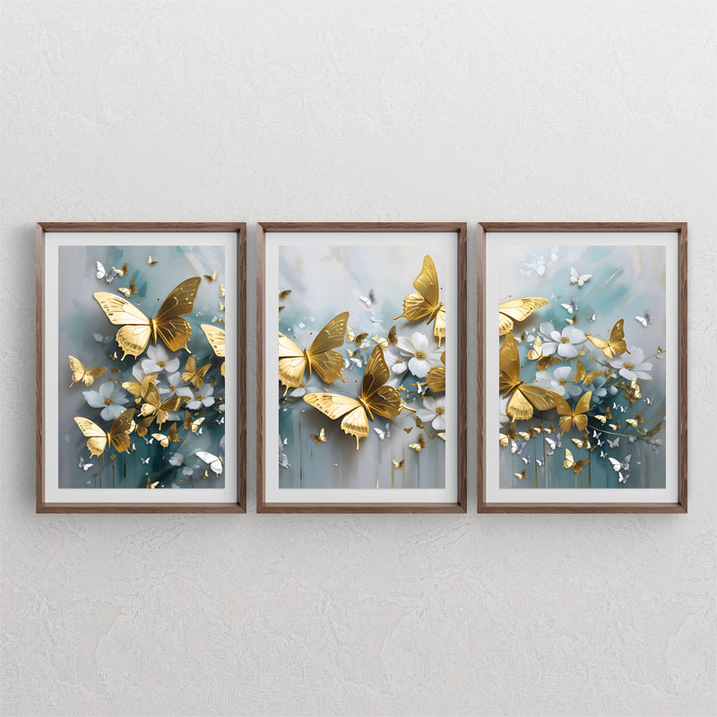 ست سه تابلوی دکوراتیو نقاشی دیجیتال از پروانه های طلایی و گل
