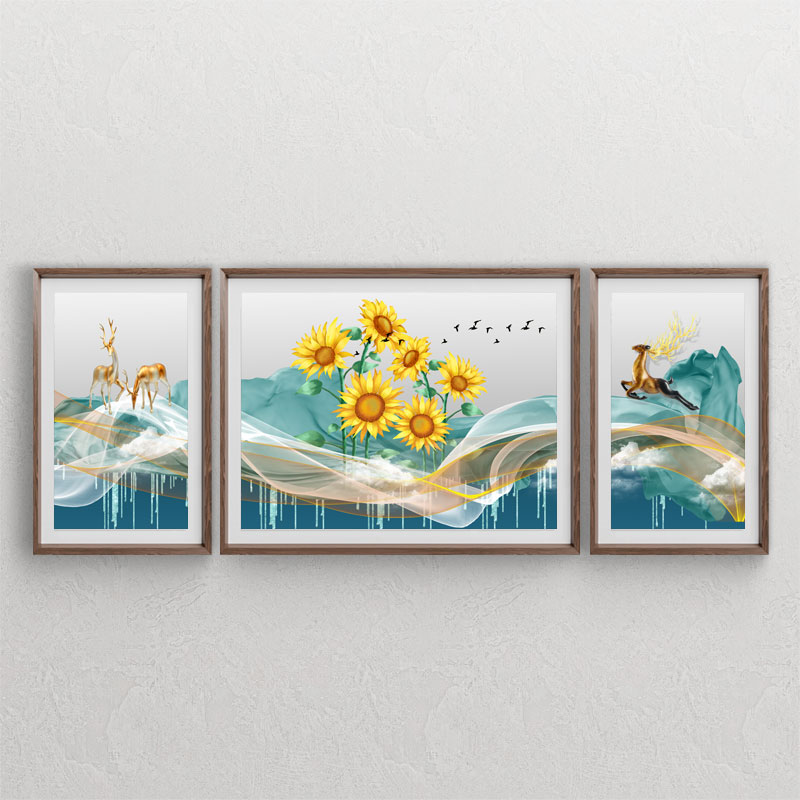 فایل آماده تابلوهای دکوراتیو با طرح های افکت های توری مواج (موجی) ، گل آفتابگردان زرد ، گوزن و پارچه