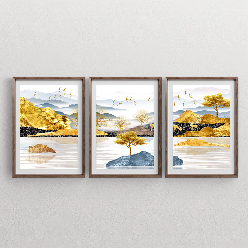 ست سه تابلوی دکوراتیو لوکس تصویرسازی با طرح های کوه و تپه های طلایی ، آب ، درخت و پرنده و صخره