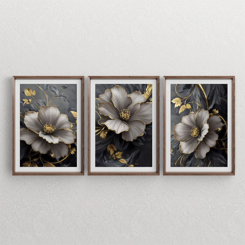 ست سه تابلوی دکوراتیو نقاشی دیجیتال از گل های سیاه با لبه های طلایی و برگ های طلایی