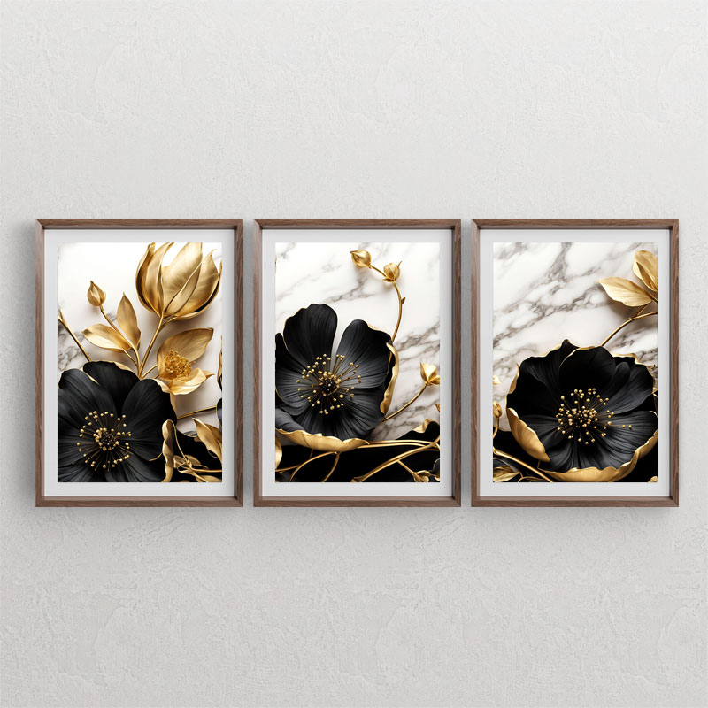 ست سه تابلوی ایلاستریتور با طرح گلهای سیاه و غنچه و برگهای طلایی