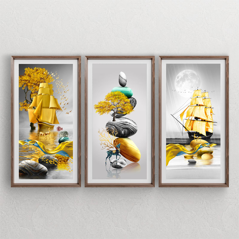 ست سه تابلوی دکوراتیو منظره با المان های کشتی بادبانی زرد ، درخت طلایی ، گوزن ، سنگ ، دریا و ماه