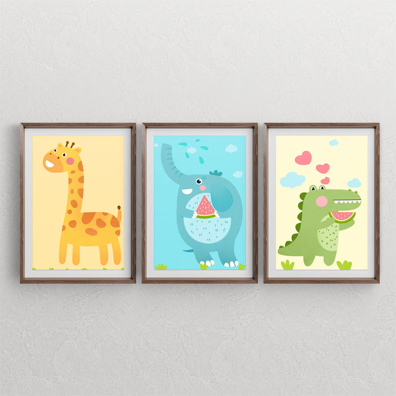 ست سه تابلوی دکوراتیو کودکانه با طرح گرافیکی فیل و هندوانه ، زرافه و دایناسور و هندوانه