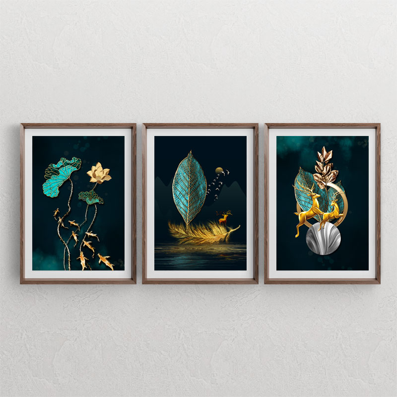ست سه تابلوی دکوراتیو لوکس با تم آبی و طرحهای جلبک و ماهی و گل ، گوزن و برگ و پر و دریا و پرنده