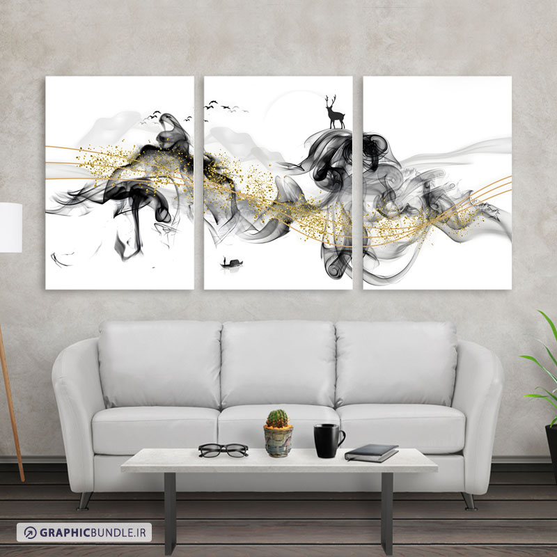ست سه تابلوی دکوراتیو عمودی با طرح سیاه و سفید از منظره با حالتهای دودی و گوزن و صخره و افکت طلایی